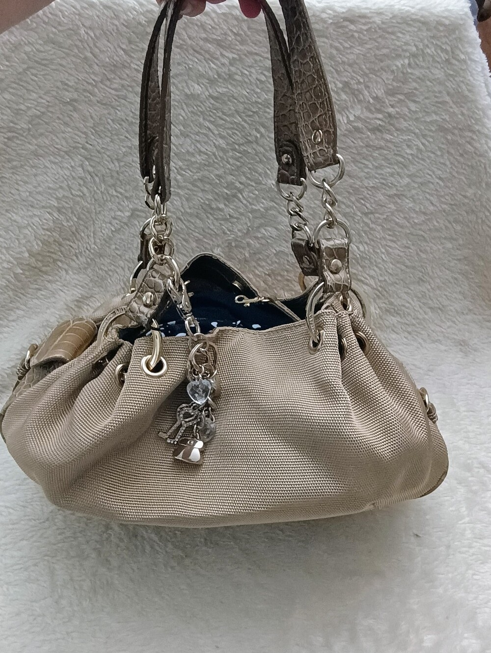 Vintage Y2K Kathy Van Zeeland Canvas Shoulder Bag Faux Croc Trim with Charms